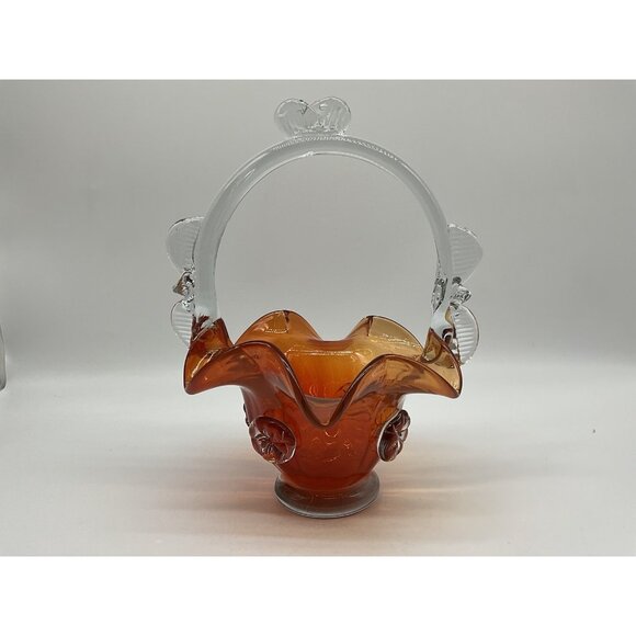 Vintage Hungarian Art Glass Burnt Orange And Clear 10 Inch Basket Collectible - Picture 8 of 16